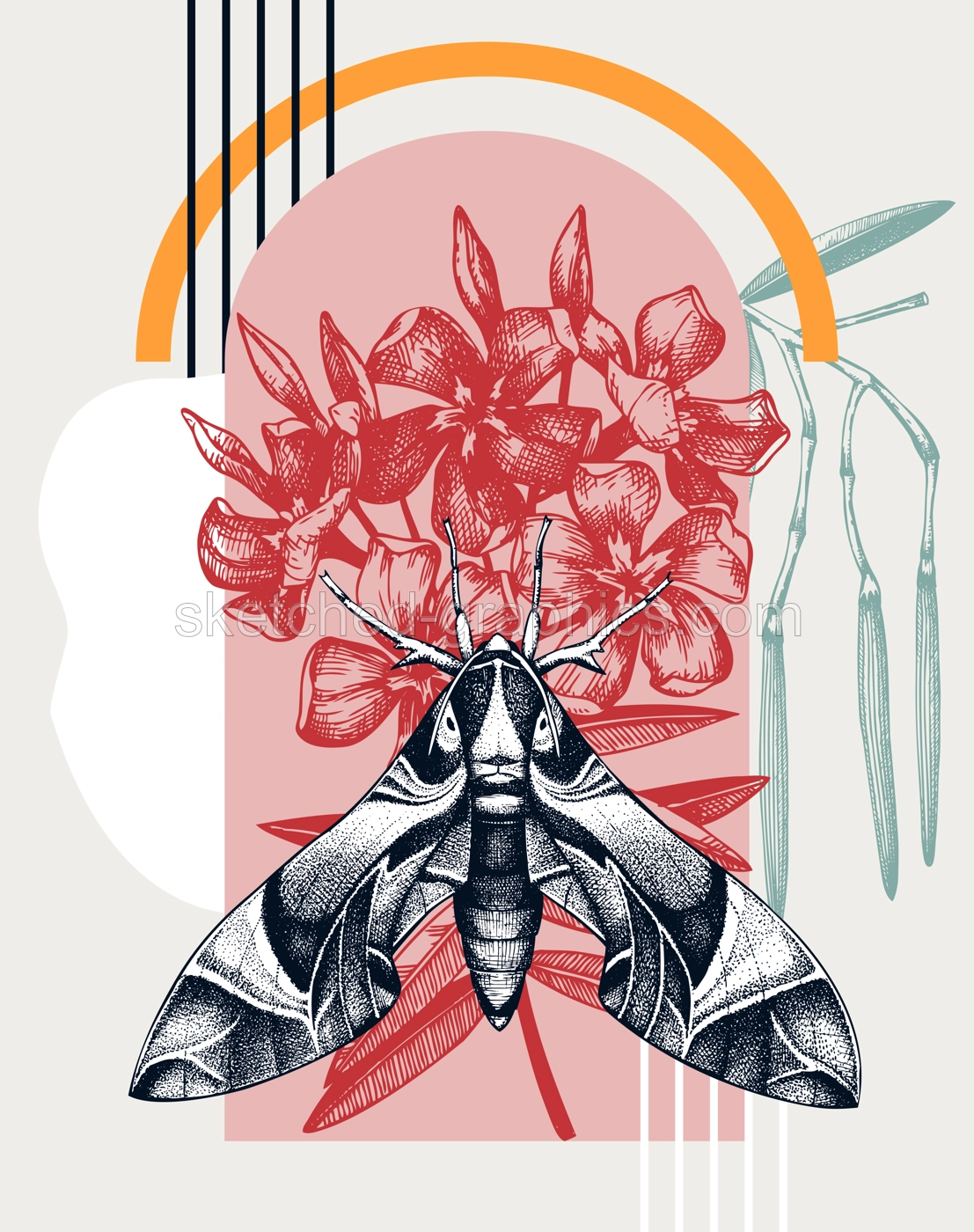 Collage style oleander hawk moth vector illustration. Hand-sketched butterfly on oleander. Trendy design with insects,floral, geometric shapes, and abstract elements. Perfect for print, poster, card  Illustration